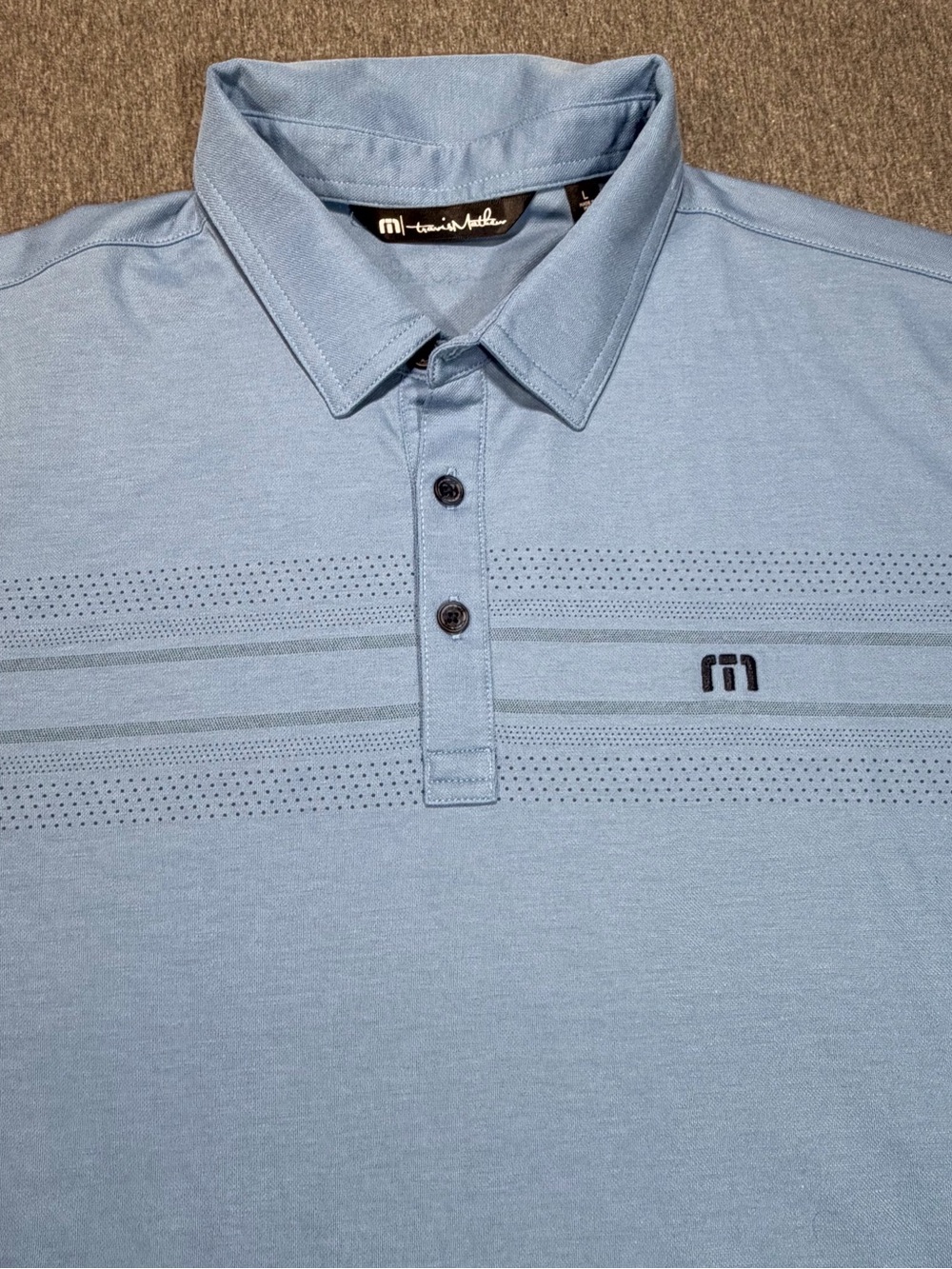 TravisMathew Men’s Polo Shirt Large Blue Chest Stripe Pattern Short Sleeve Golf - Picture 2 of 8